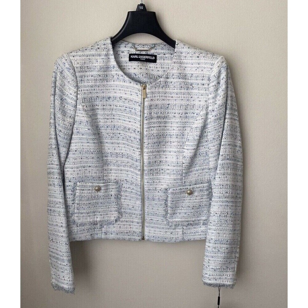 Karl Lagerfeld Paris Woman's Tweed Fringe Suit Jacket Blazer In Blue Size 10